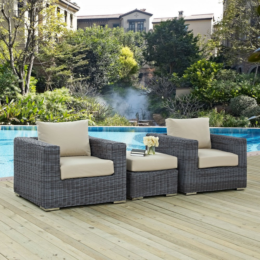 Summon 3 Piece Outdoor Patio Sunbrella Sectional Set, Canvas Antique Beige, EEI-1905-GRY-BEI-SET