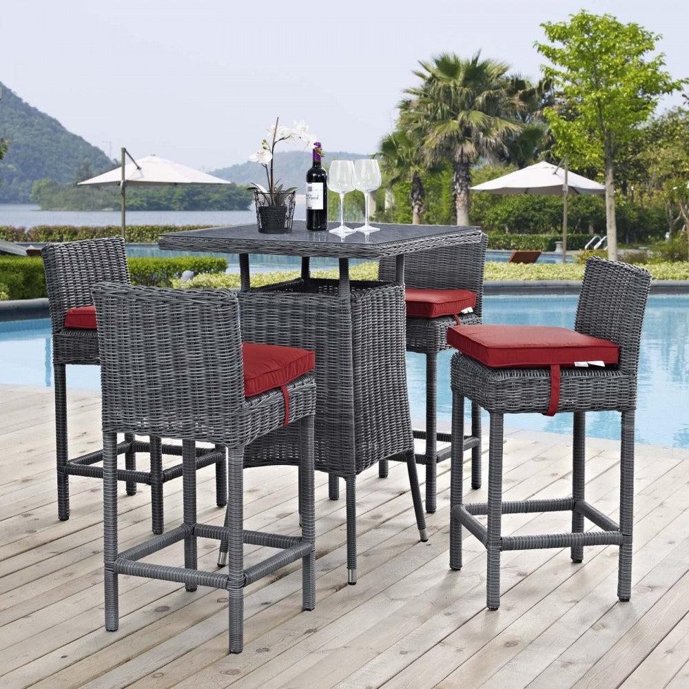 Summon 5 Piece Outdoor Patio Sunbrella Pub Set, Canvas Red, EEI-1971-GRY-RED-SET