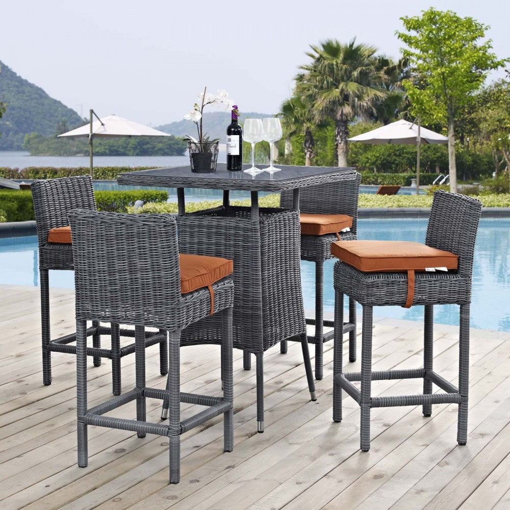 Summon 5 Piece Outdoor Patio Sunbrella Pub Set, Canvas Tuscan, EEI-1971-GRY-TUS-SET