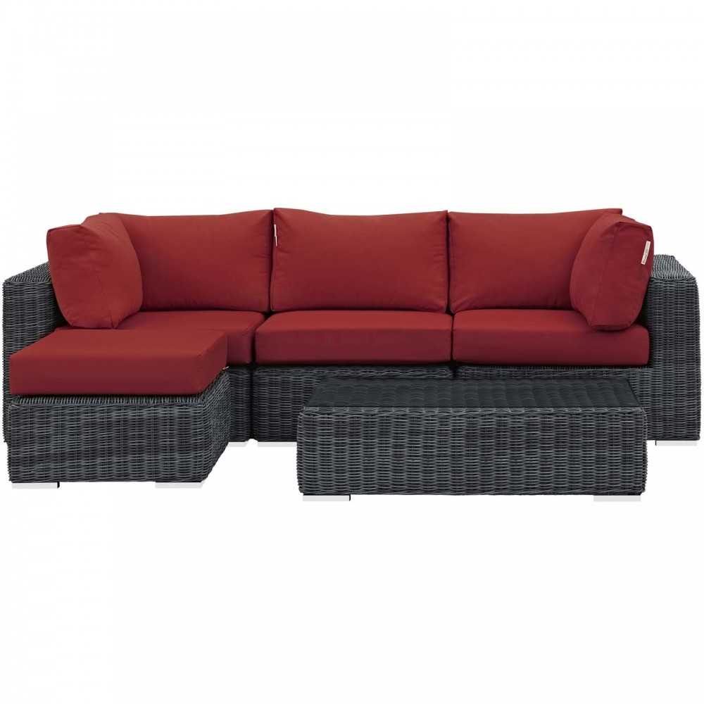 Summon 5 Piece Outdoor Patio Sunbrella Sectional Set, Canvas Red, EEI-1904-GRY-RED-SET