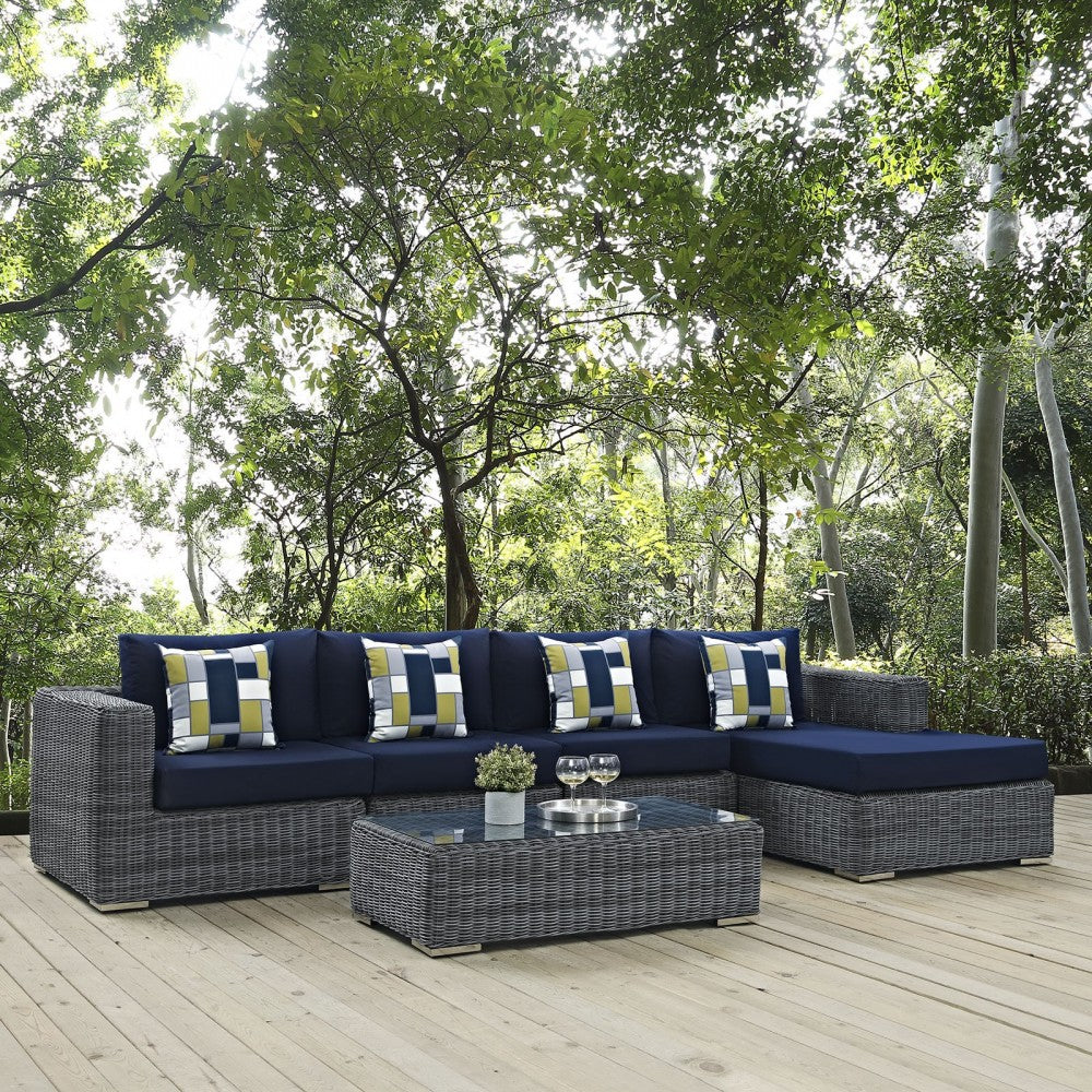 Summon 5 Piece Outdoor Patio Sunbrella Sectional Set, Canvas Navy, EEI-2395-GRY-NAV-SET