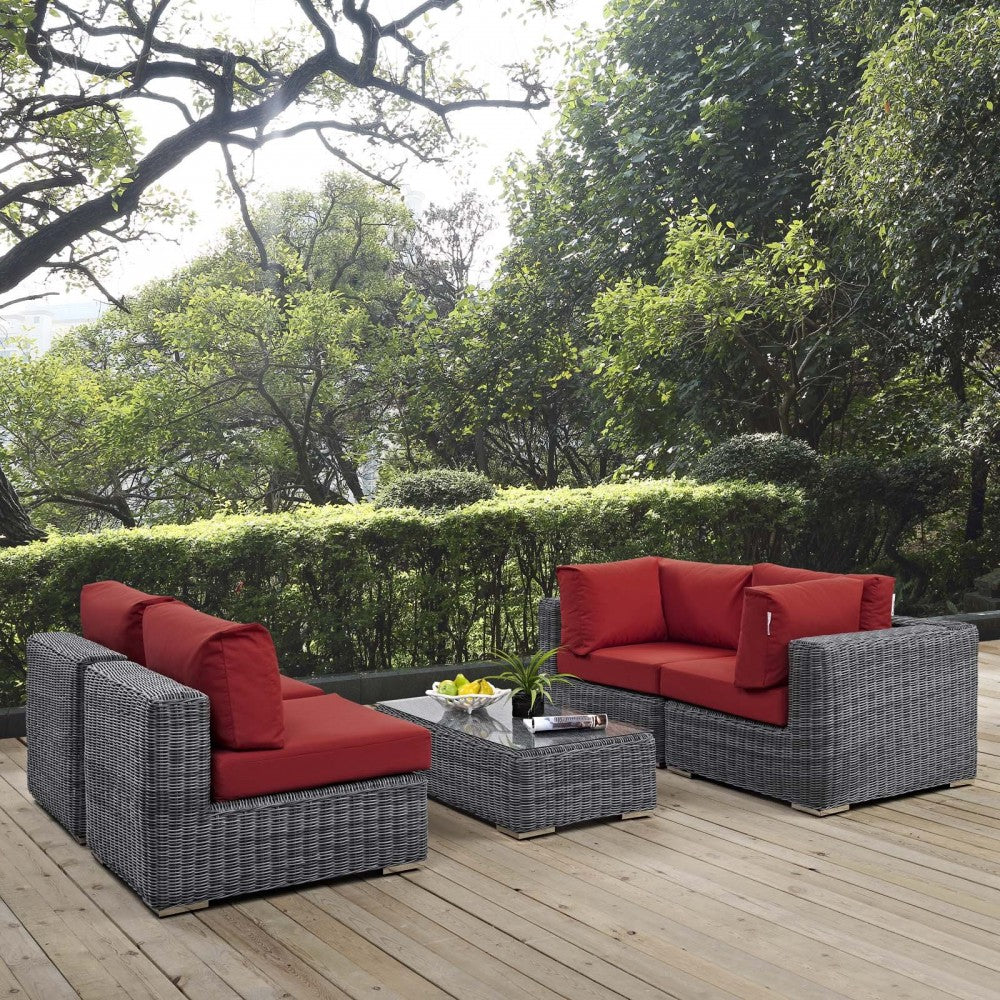 Summon 5 Piece Outdoor Patio Sunbrella Sectional Set, Canvas Red, EEI-1896-GRY-RED-SET