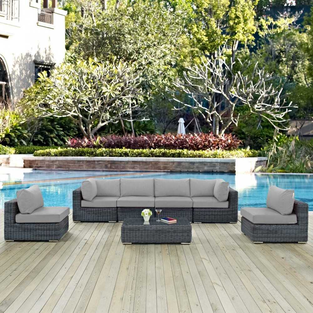 Summon 7 Piece Outdoor Patio Sunbrella Sectional Set, Canvas Gray, EEI-1897-GRY-GRY-SET