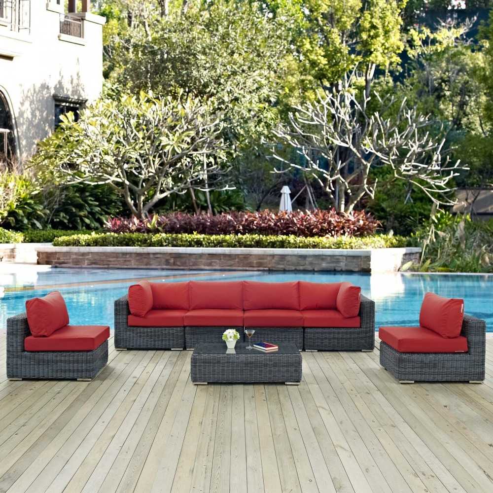 Summon 7 Piece Outdoor Patio Sunbrella Sectional Set, Canvas Red, EEI-1897-GRY-RED-SET