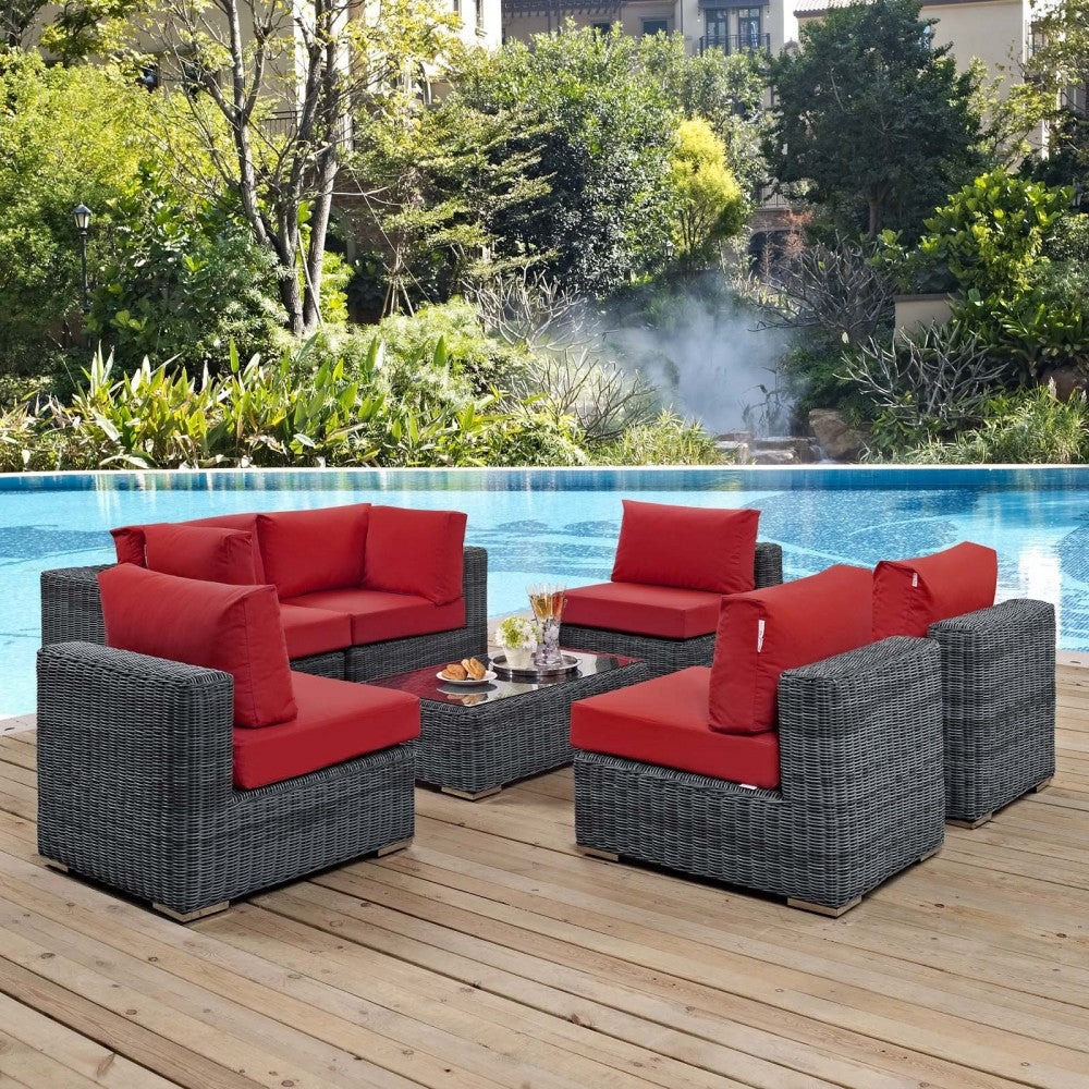 Summon 7 Piece Outdoor Patio Sunbrella Sectional Set, Canvas Red, EEI-1897-GRY-RED-SET