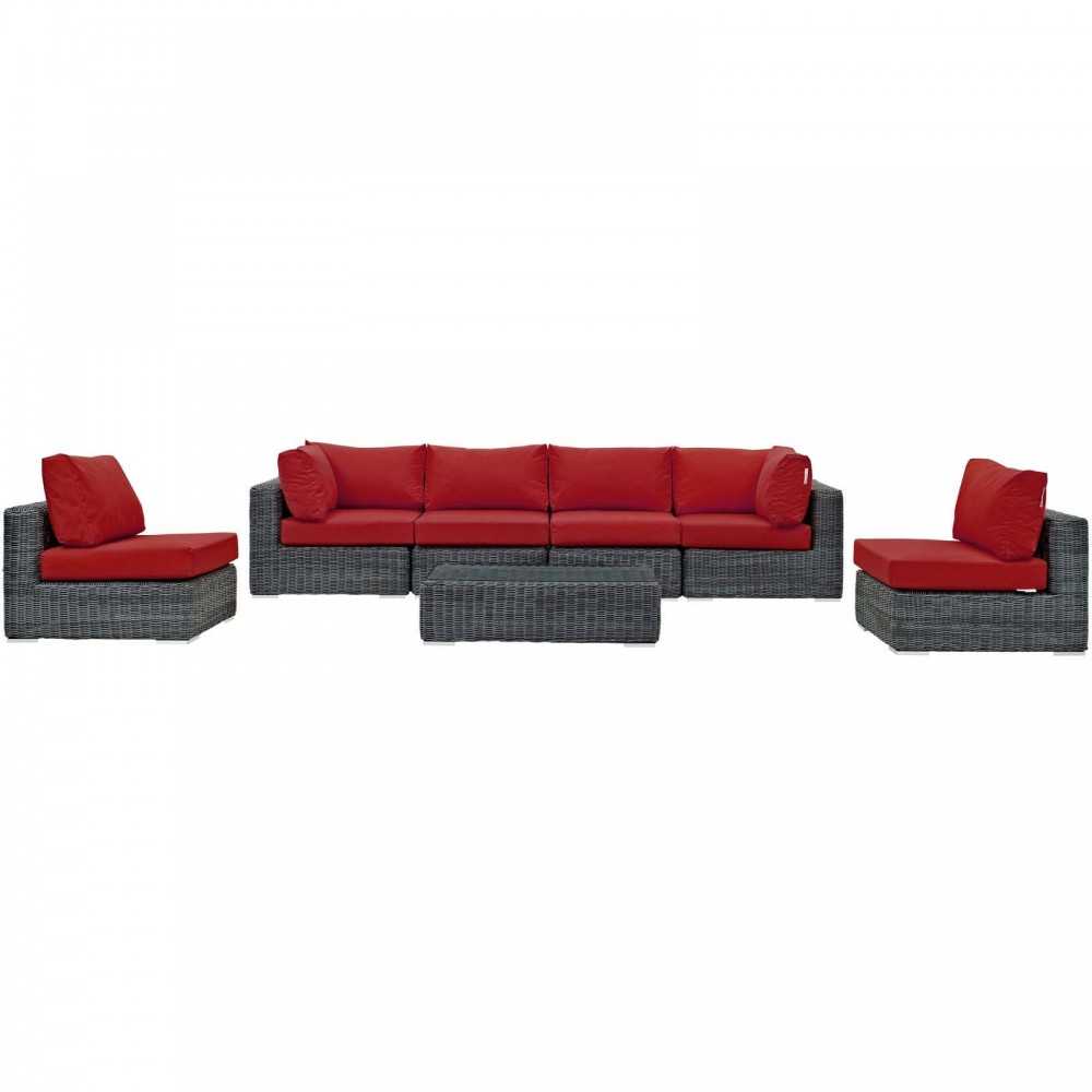 Summon 7 Piece Outdoor Patio Sunbrella Sectional Set, Canvas Red, EEI-1897-GRY-RED-SET