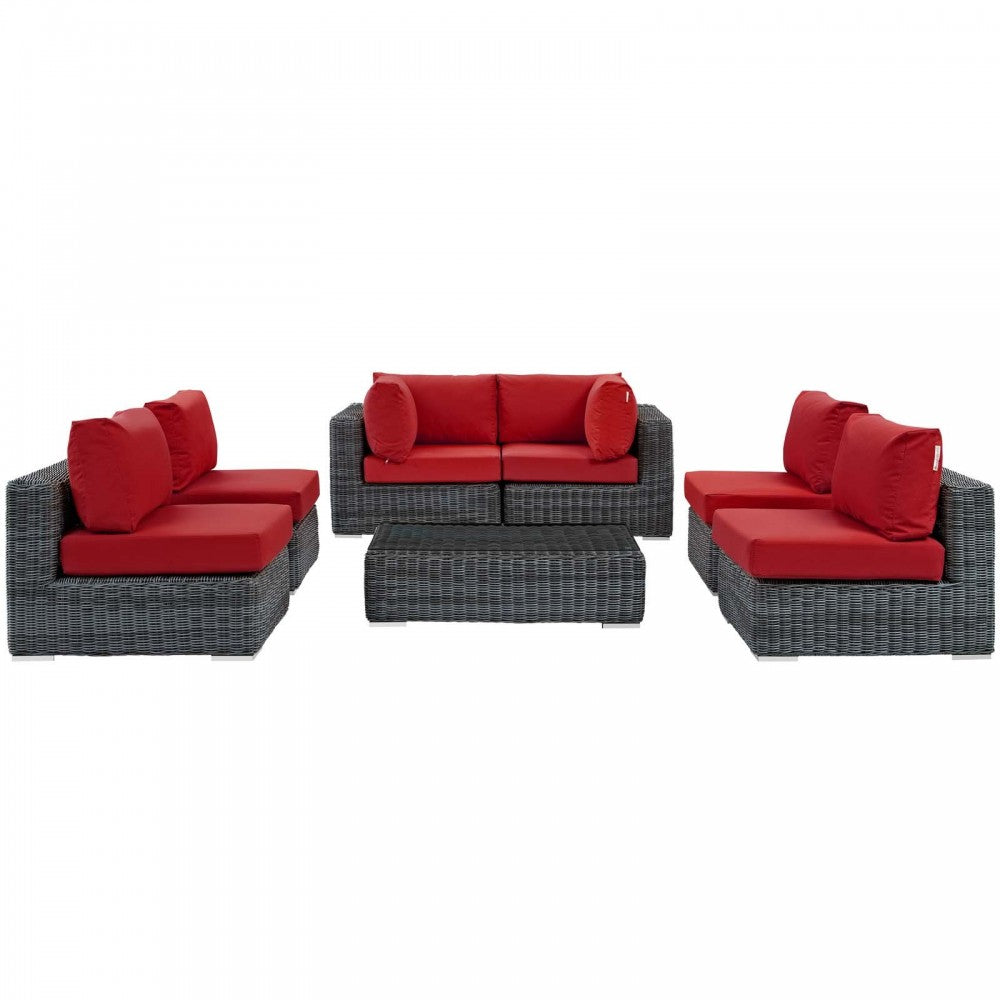 Summon 7 Piece Outdoor Patio Sunbrella Sectional Set, Canvas Red, EEI-1897-GRY-RED-SET