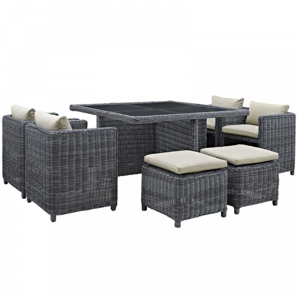 Summon 9 Piece Outdoor Patio Sunbrella Dining Set, Antique Canvas Beige, EEI-1947-GRY-BEI-SET