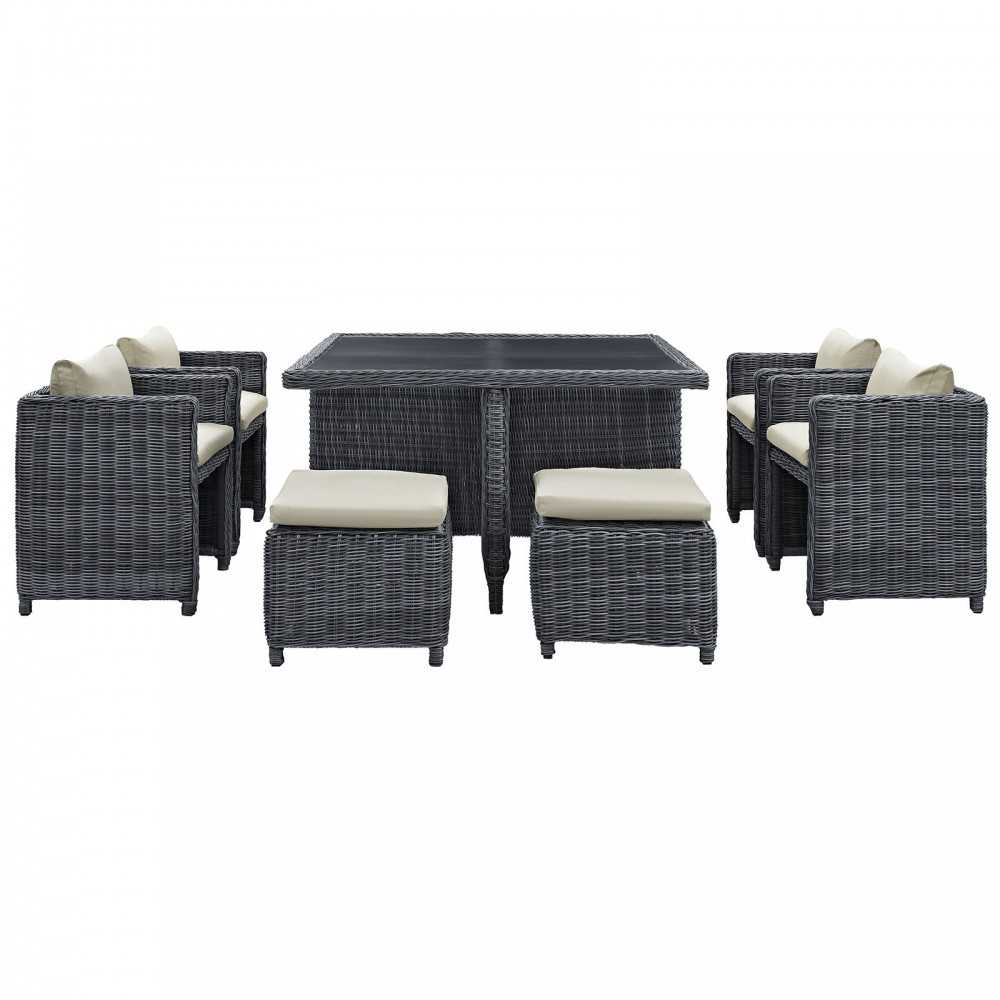 Summon 9 Piece Outdoor Patio Sunbrella Dining Set, Antique Canvas Beige, EEI-1947-GRY-BEI-SET