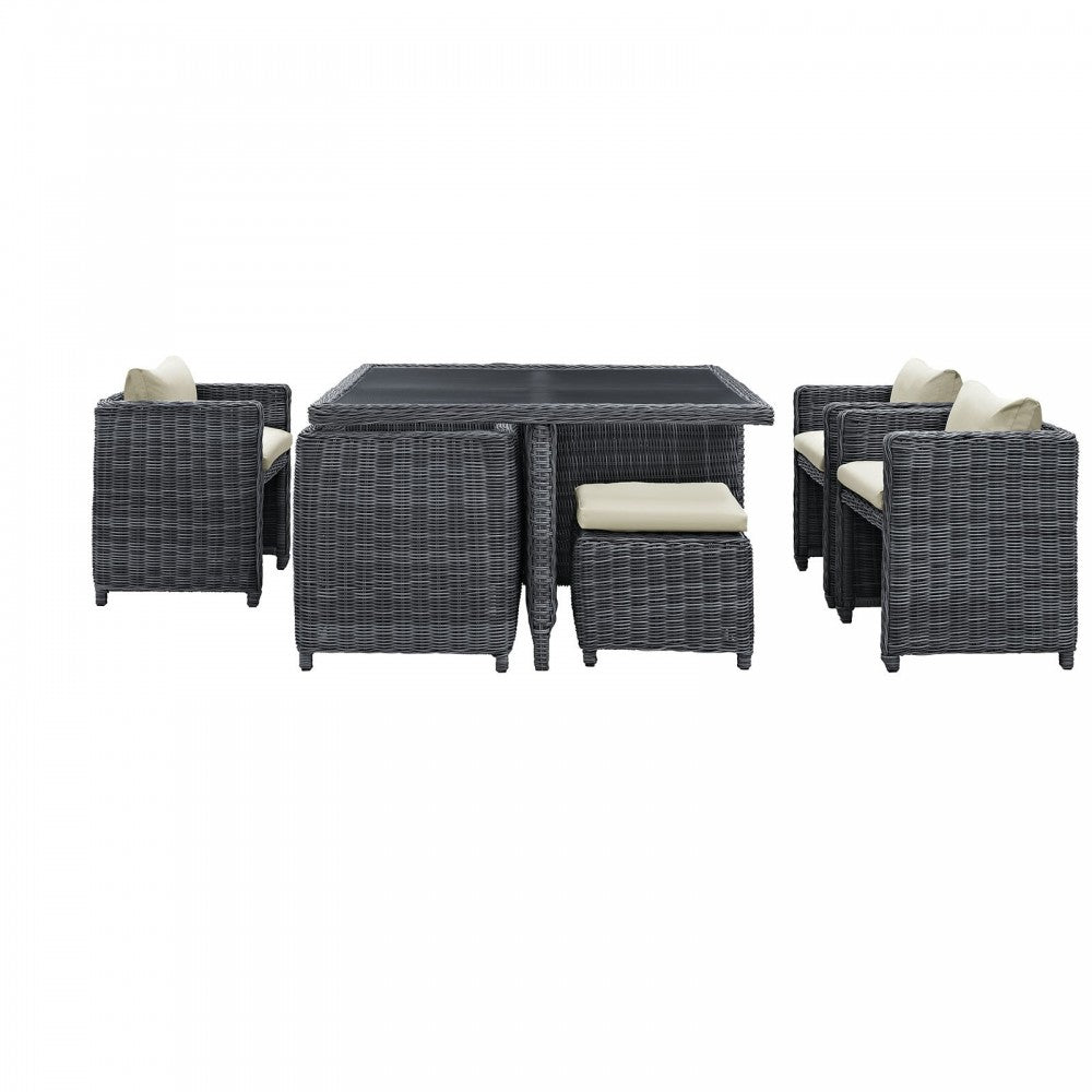 Summon 9 Piece Outdoor Patio Sunbrella Dining Set, Antique Canvas Beige, EEI-1947-GRY-BEI-SET