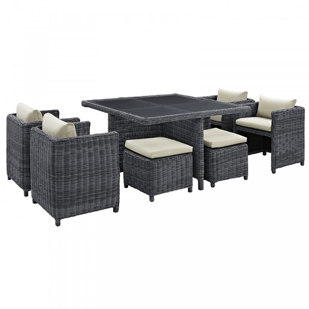 Summon 9 Piece Outdoor Patio Sunbrella Dining Set, Antique Canvas Beige, EEI-1947-GRY-BEI-SET