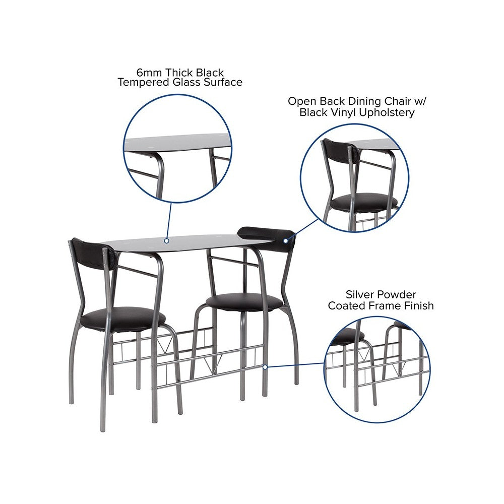 Sutton 3 Piece Space-Saver Bistro Set with Black Glass Top Table and Black Vinyl Padded Chairs