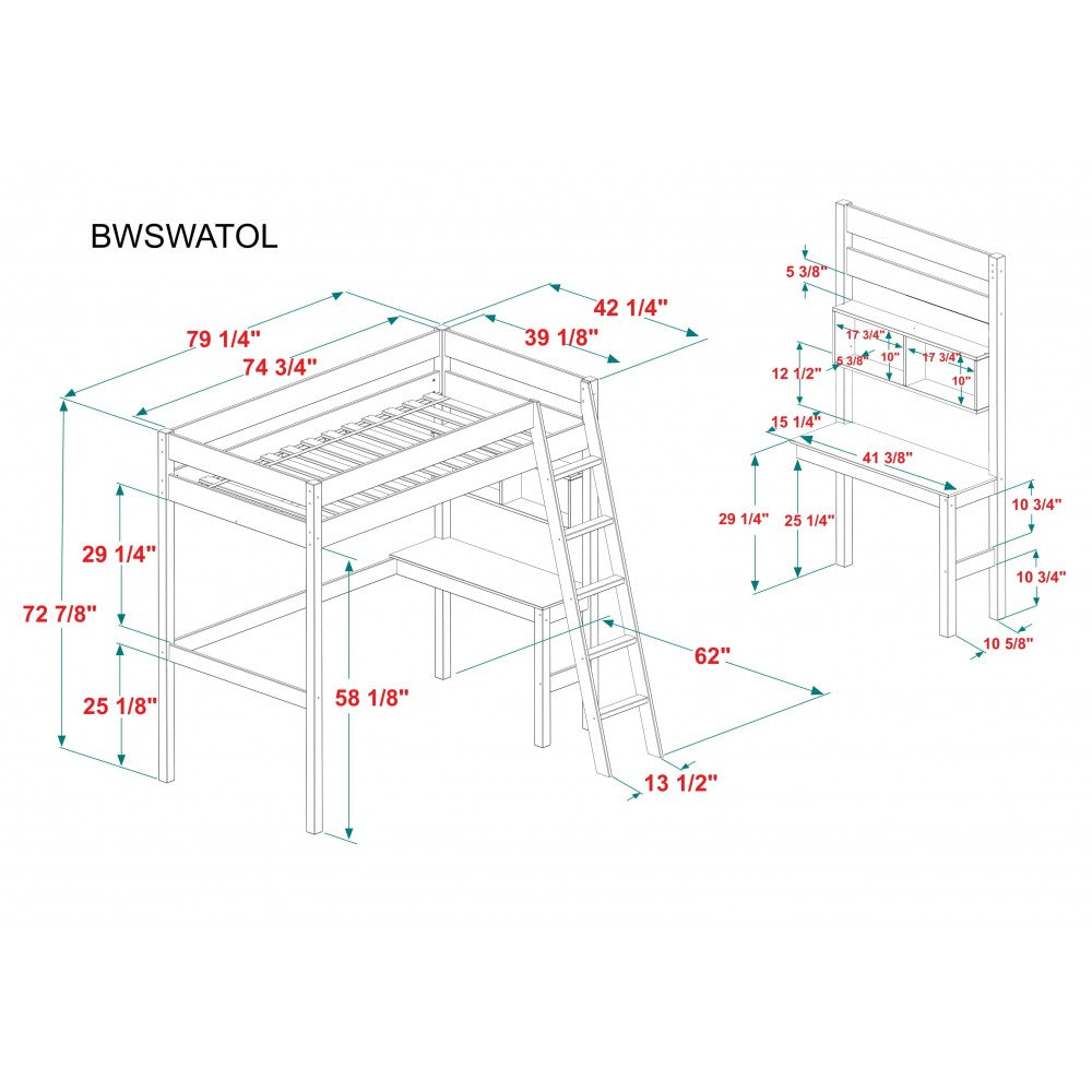 Swan Solid Wood Loft Bed with Desk - White