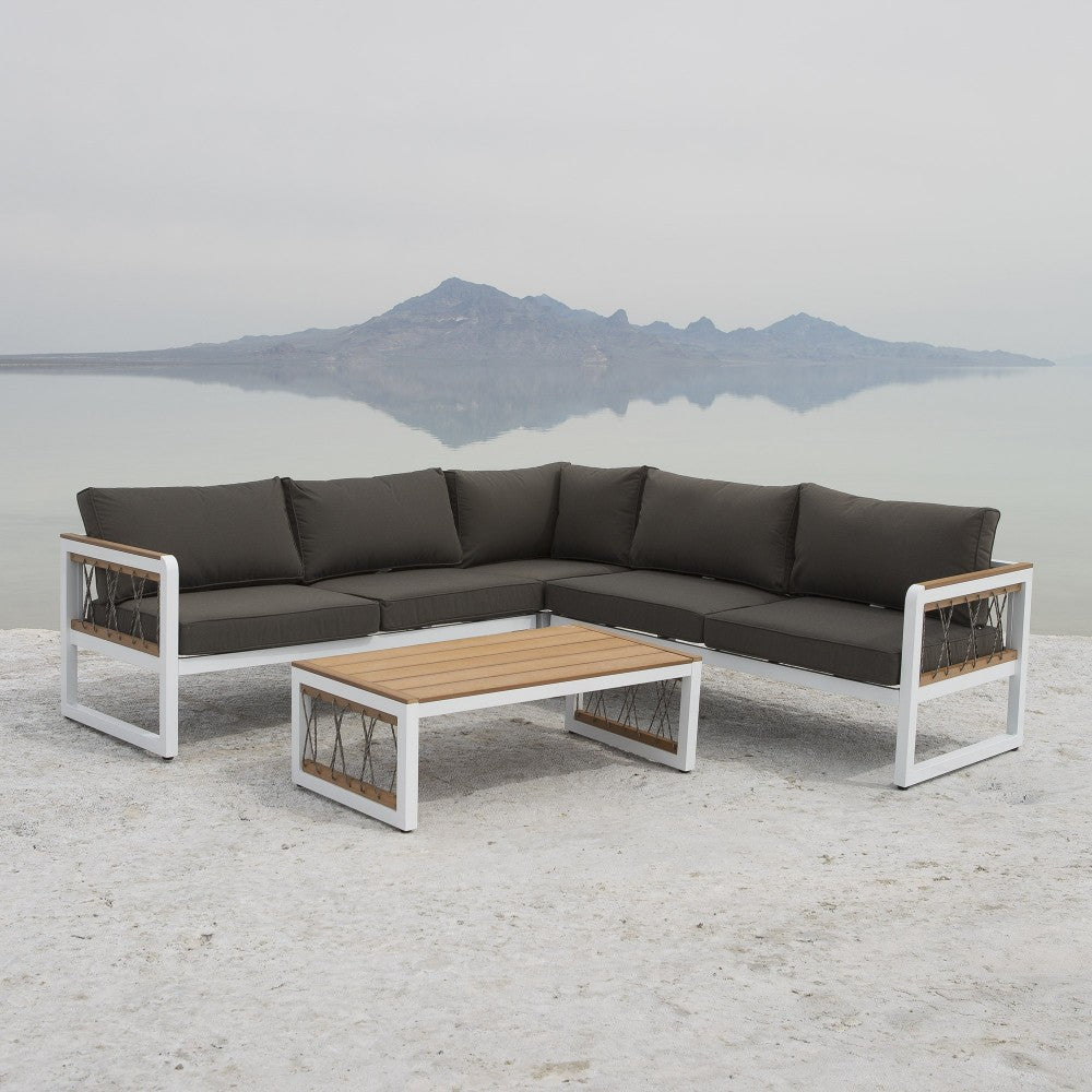 Teak Wood and Metal Outdoor Patio Sectional with Cord Accents -White, teak wood