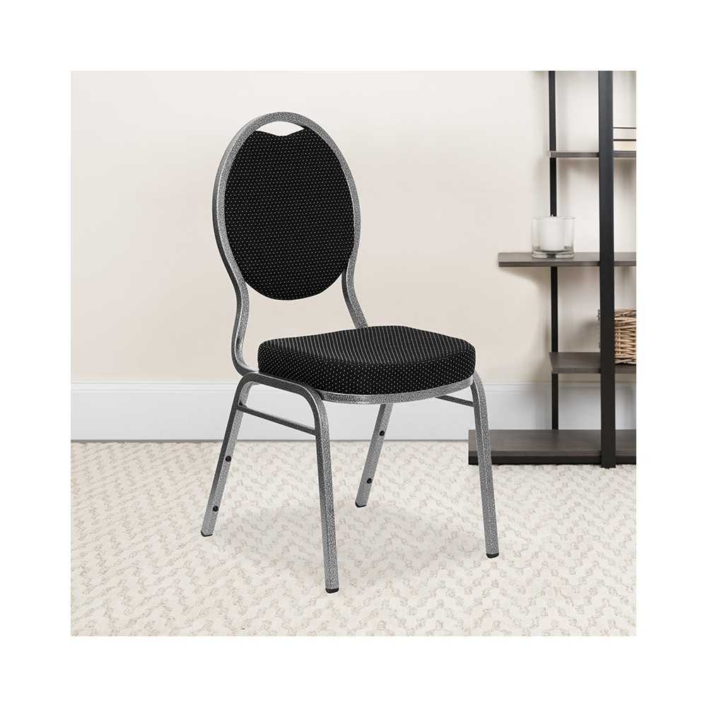 Teardrop Back Stacking Banquet Chair in Black Patterned Fabric - Silver Vein Frame
