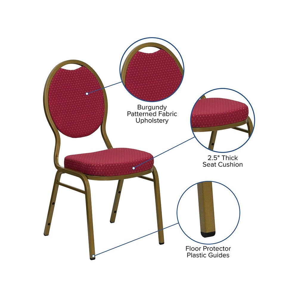 Teardrop Back Stacking Banquet Chair in Burgundy Patterned Fabric - Gold Frame