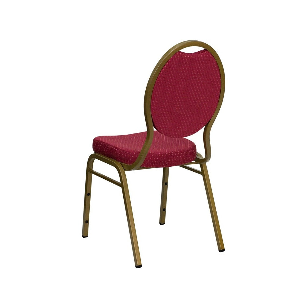 Teardrop Back Stacking Banquet Chair in Burgundy Patterned Fabric - Gold Frame
