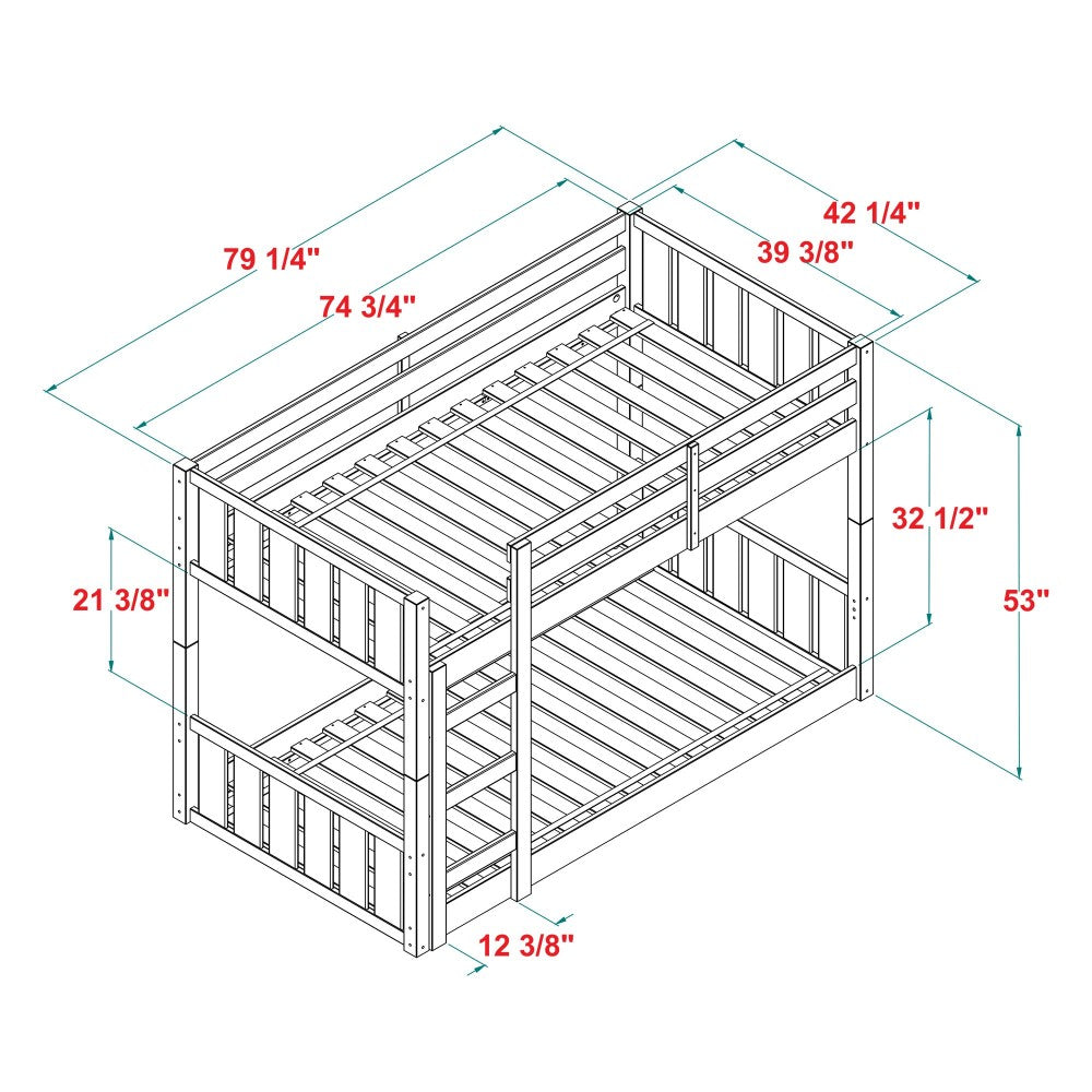 Traditional Twin over Twin Solid Wood Stackable Slat Bunk Bed - Gray