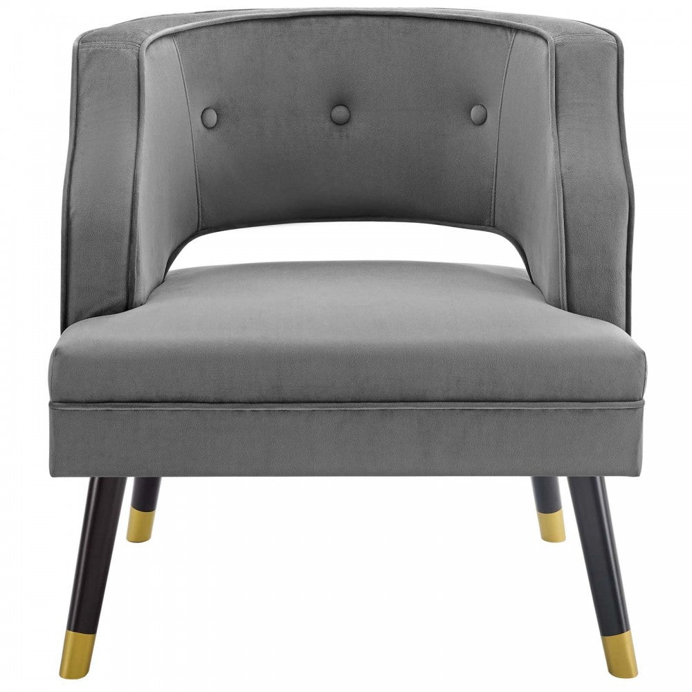 Traipse Button Tufted Open Back Performance Velvet Armchair, Gray