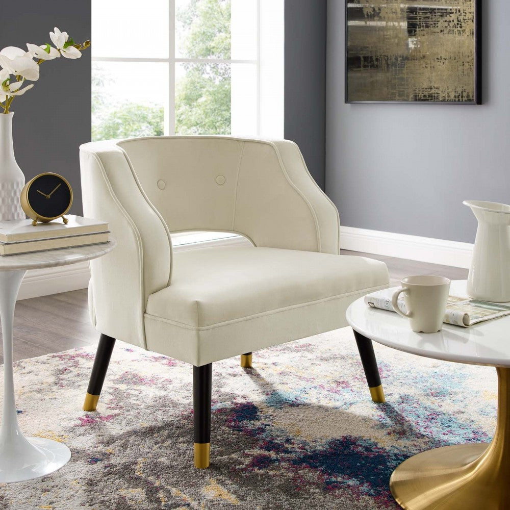 Traipse Button Tufted Open Back Performance Velvet Armchair, Ivory