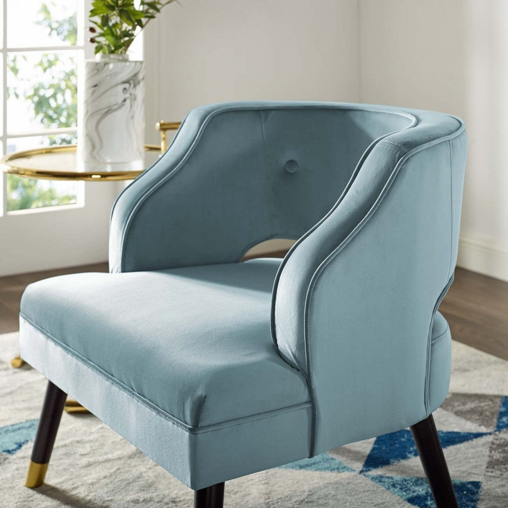 Traipse Button Tufted Open Back Performance Velvet Armchair, Light Blue