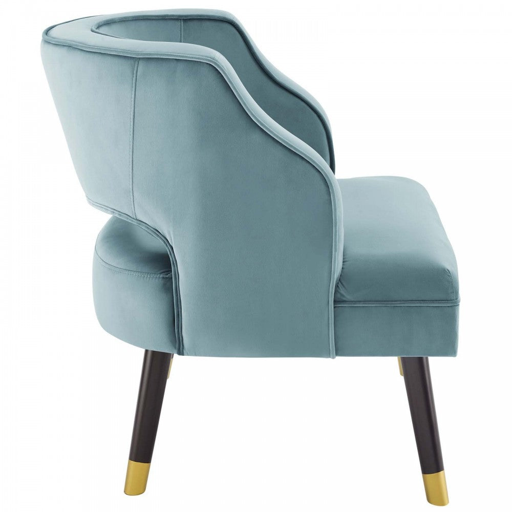 Traipse Button Tufted Open Back Performance Velvet Armchair, Light Blue