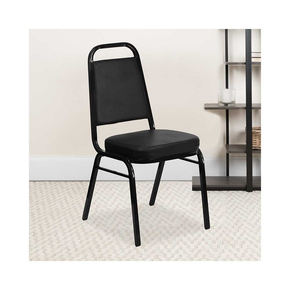 Trapezoidal Back Stacking Banquet Chair in Black Vinyl - Black Frame