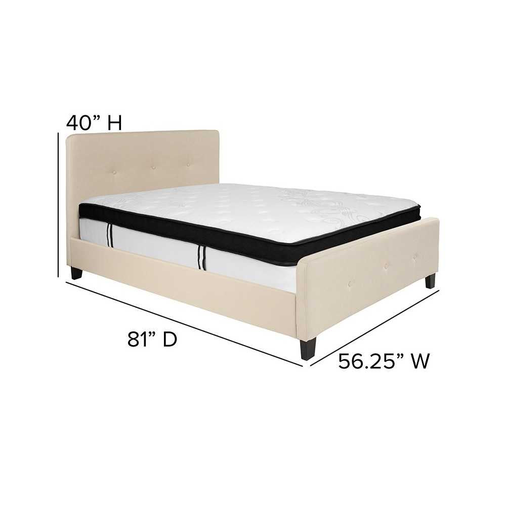 Tribeca Full Size Tufted Upholstered Platform Bed in Beige Fabric with Memory Foam Mattress