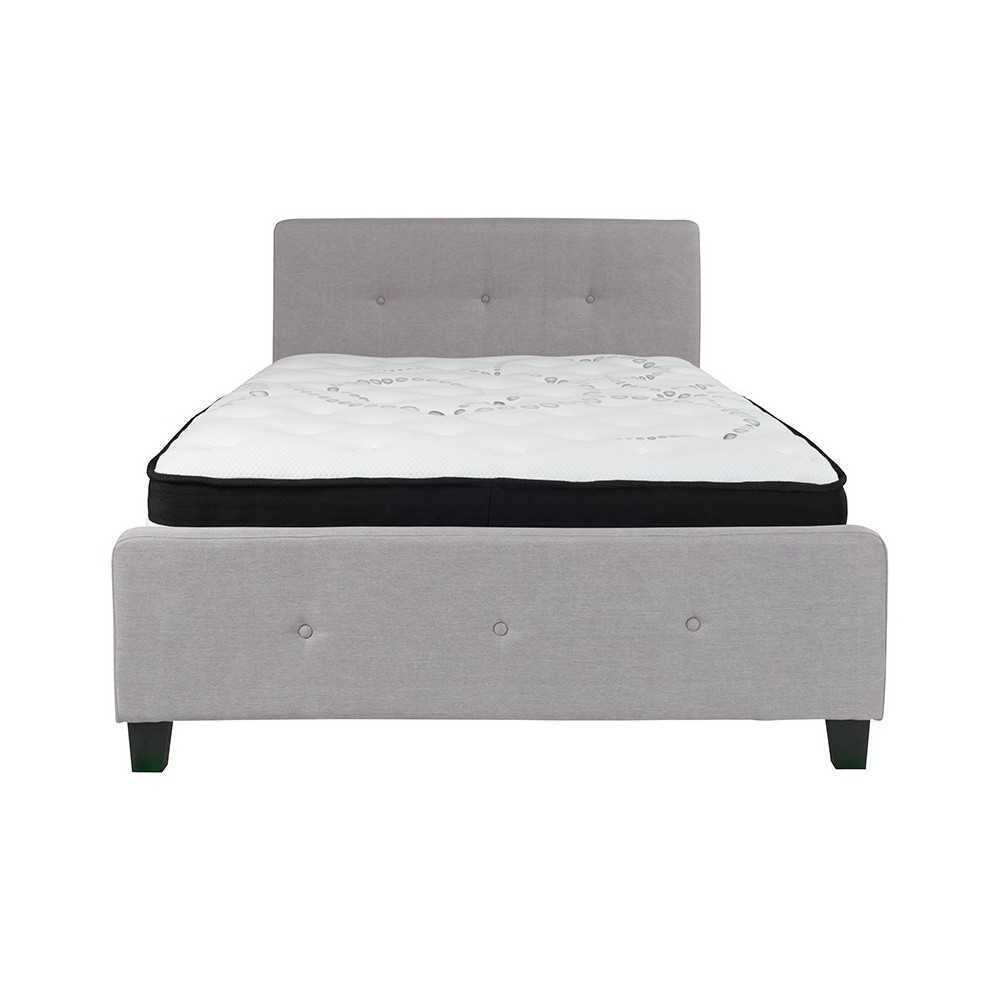 Tribeca Full Size Tufted Upholstered Platform Bed in Light Gray Fabric with Pocket Spring Mattress