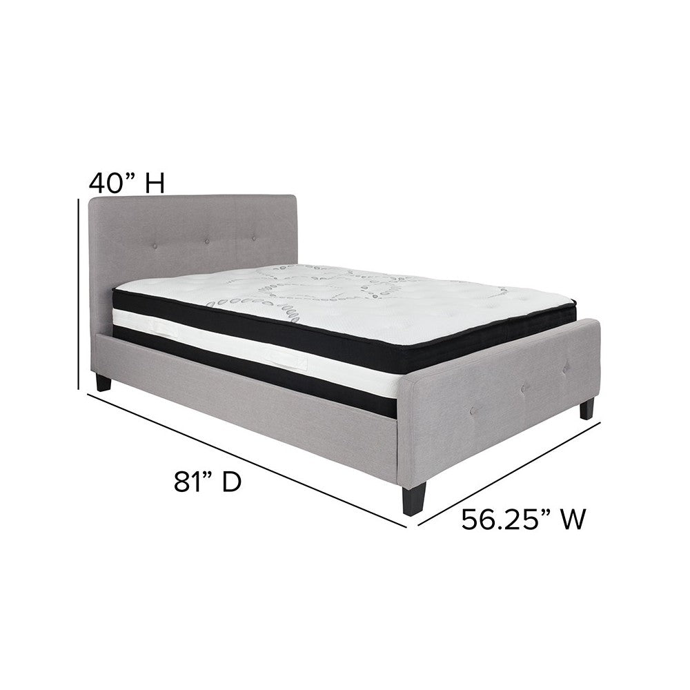 Tribeca Full Size Tufted Upholstered Platform Bed in Light Gray Fabric with Pocket Spring Mattress