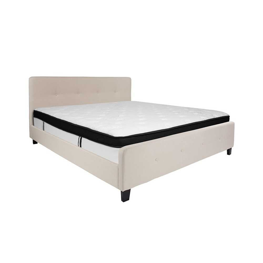 Tribeca King Size Tufted Upholstered Platform Bed in Beige Fabric with Memory Foam Mattress