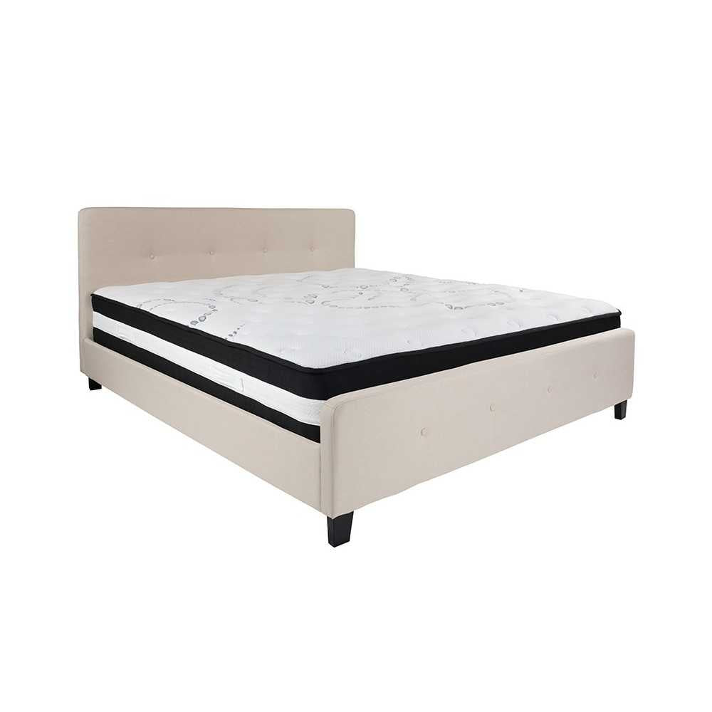 Tribeca King Size Tufted Upholstered Platform Bed in Beige Fabric with Pocket Spring Mattress