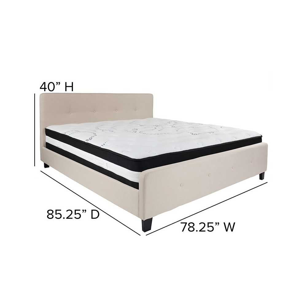 Tribeca King Size Tufted Upholstered Platform Bed in Beige Fabric with Pocket Spring Mattress