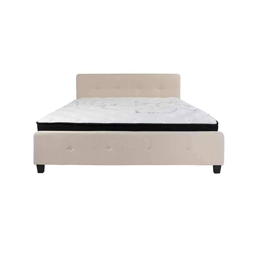 Tribeca King Size Tufted Upholstered Platform Bed in Beige Fabric with Pocket Spring Mattress