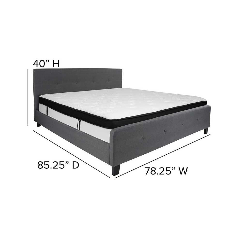 Tribeca King Size Tufted Upholstered Platform Bed in Dark Gray Fabric with Memory Foam Mattress