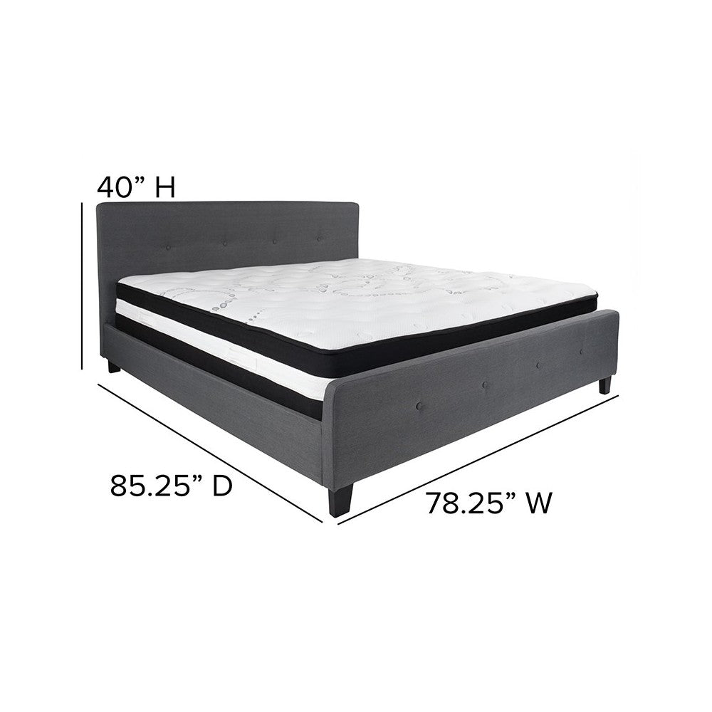 Tribeca King Size Tufted Upholstered Platform Bed in Dark Gray Fabric with Pocket Spring Mattress