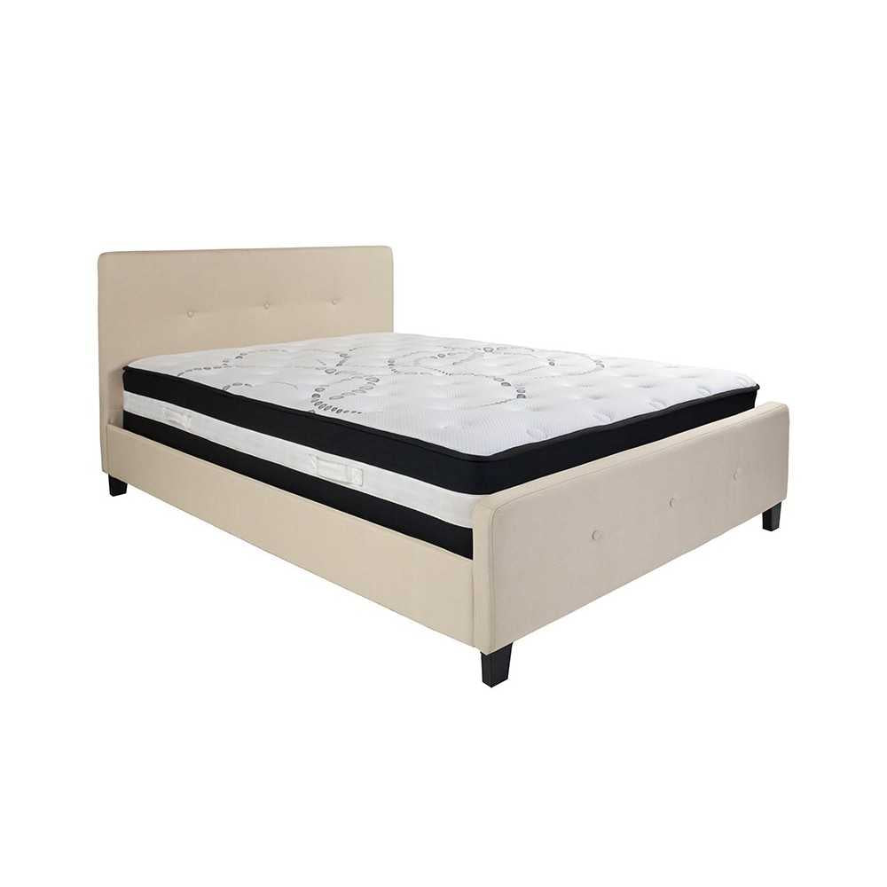 Tribeca Queen Size Tufted Upholstered Platform Bed in Beige Fabric with Pocket Spring Mattress