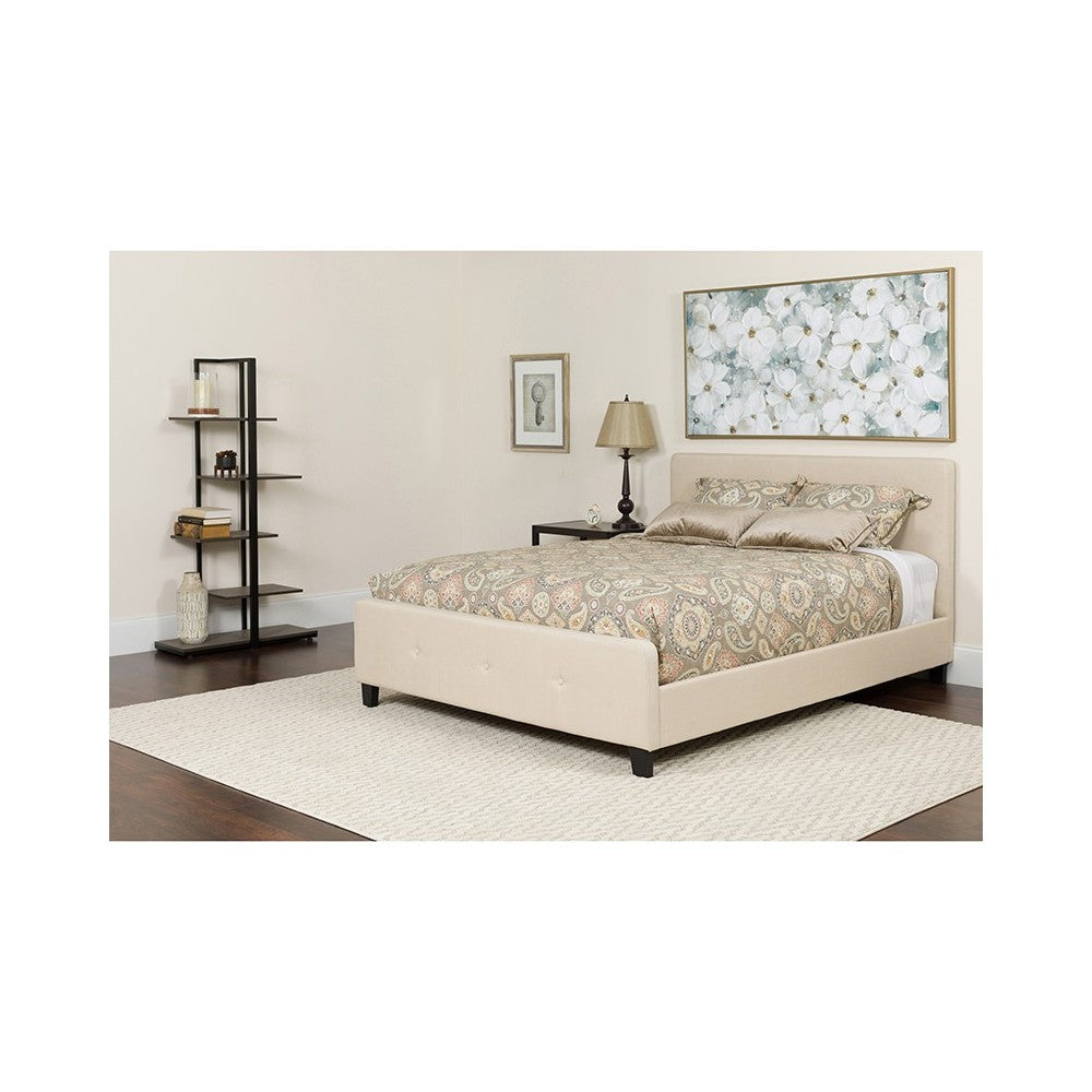 Tribeca Queen Size Tufted Upholstered Platform Bed in Beige Fabric with Pocket Spring Mattress