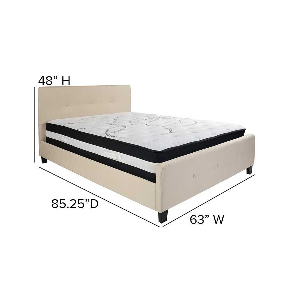 Tribeca Queen Size Tufted Upholstered Platform Bed in Beige Fabric with Pocket Spring Mattress