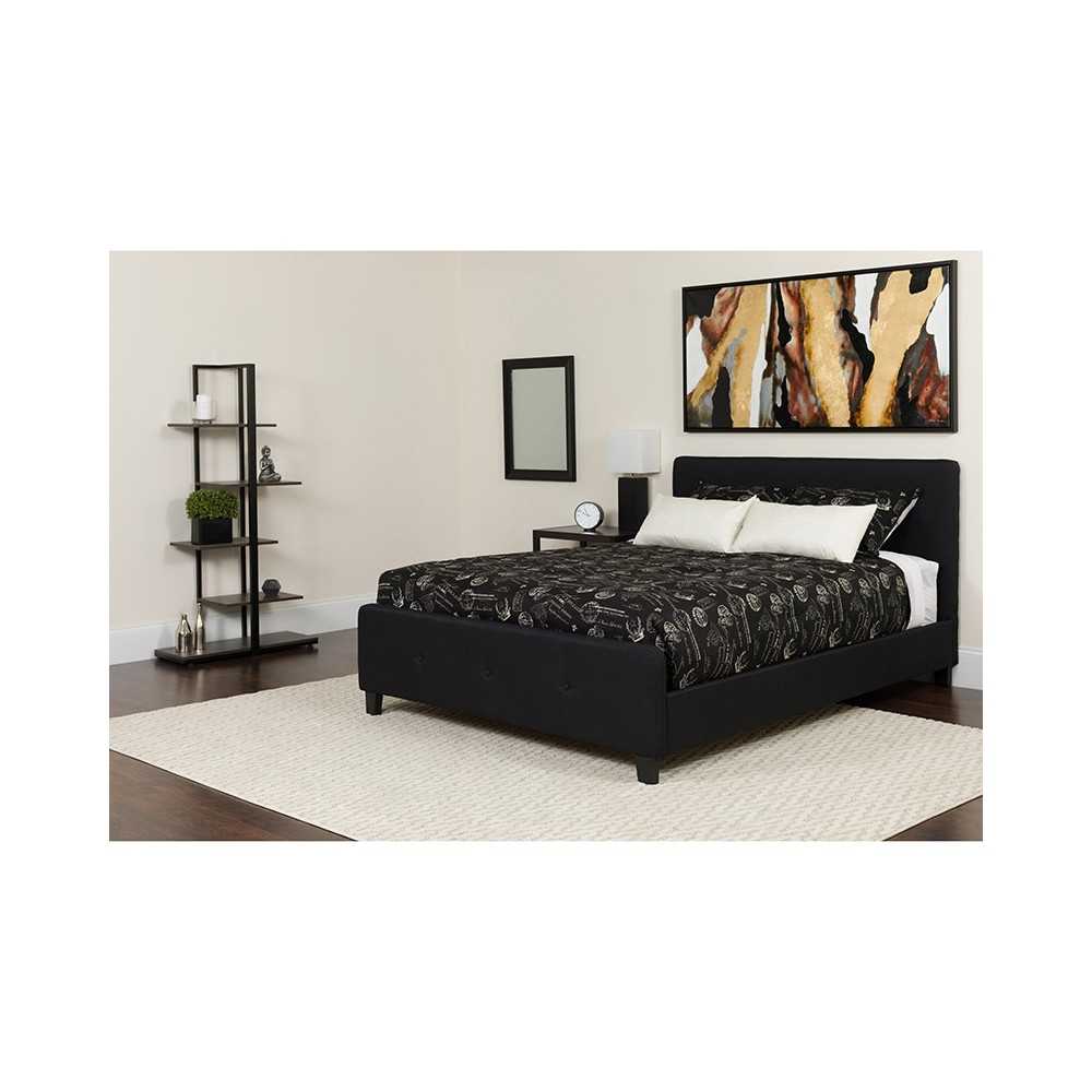 Tribeca Queen Size Tufted Upholstered Platform Bed in Black Fabric