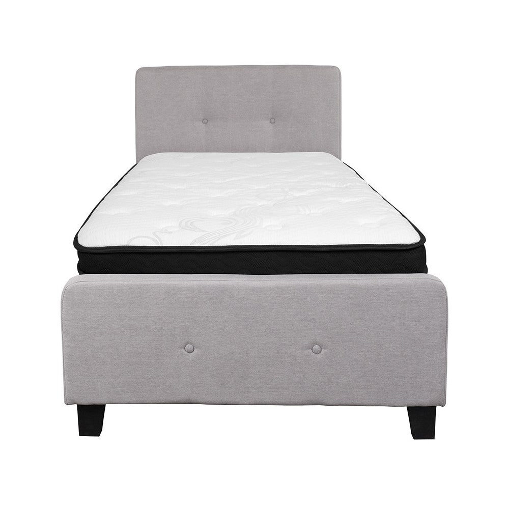 Tribeca Twin Size Tufted Upholstered Platform Bed in Light Gray Fabric with Memory Foam Mattress