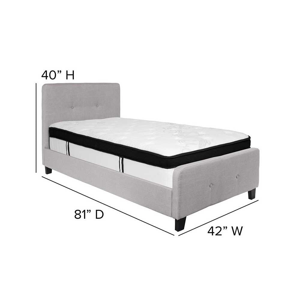 Tribeca Twin Size Tufted Upholstered Platform Bed in Light Gray Fabric with Memory Foam Mattress