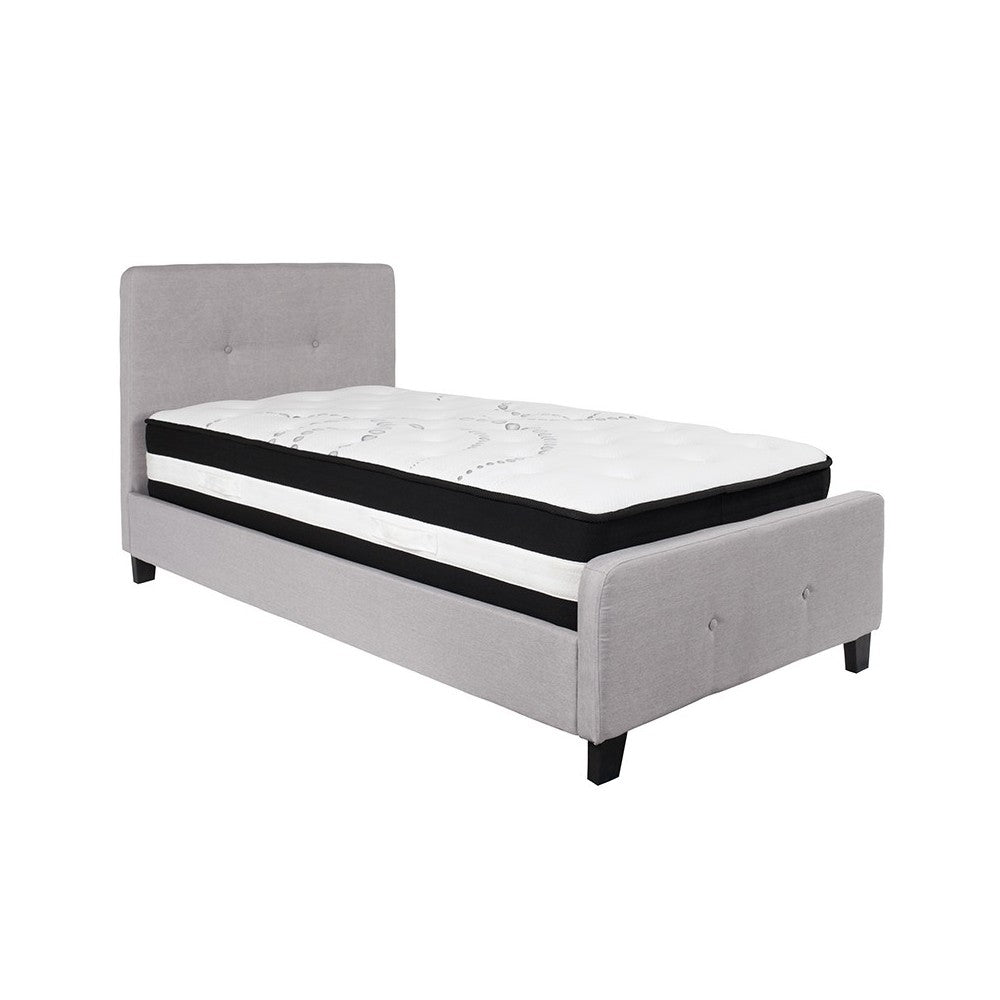 Tribeca Twin Size Tufted Upholstered Platform Bed in Light Gray Fabric with Pocket Spring Mattress