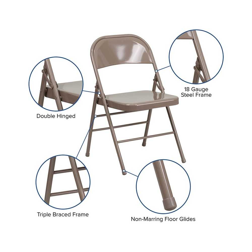 Triple Braced & Double Hinged Beige Metal Folding Chair