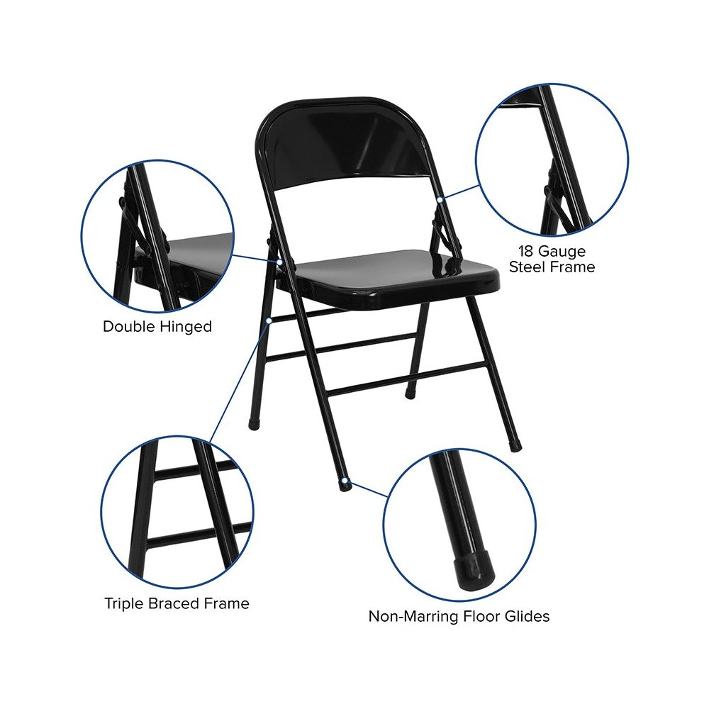 Triple Braced & Double Hinged Black Metal Folding Chair
