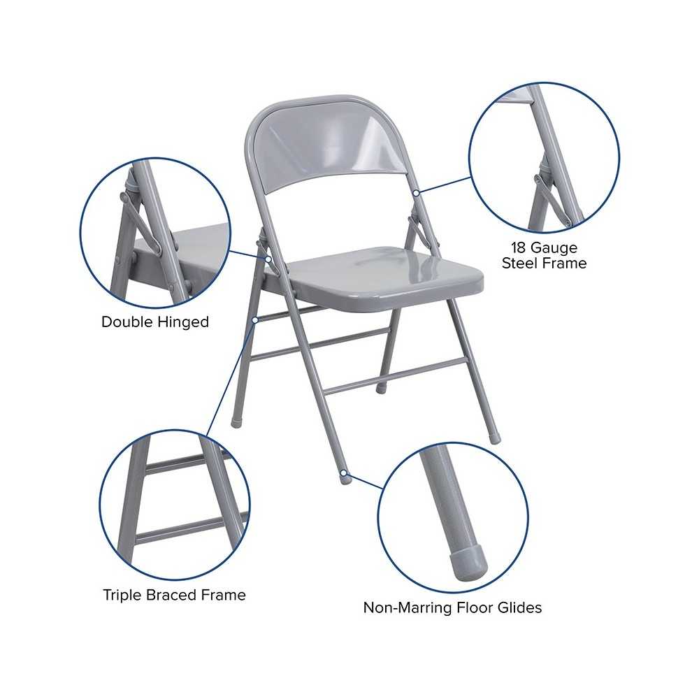 Triple Braced & Double Hinged Gray Metal Folding Chair