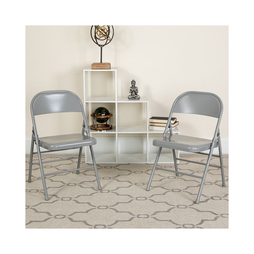 Triple Braced & Double Hinged Gray Metal Folding Chair