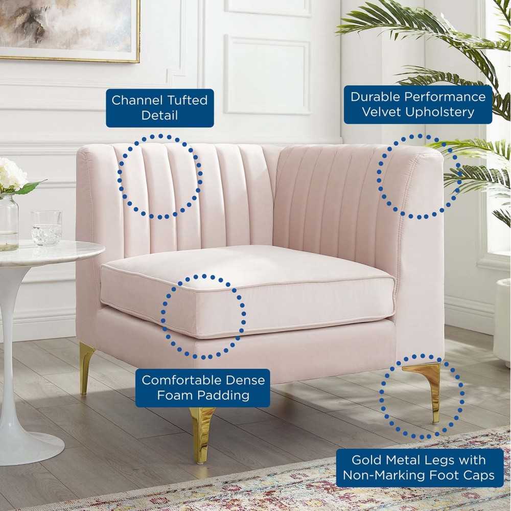 Triumph Channel Tufted Performance Velvet Sectional Sofa Corner Chair, Pink
