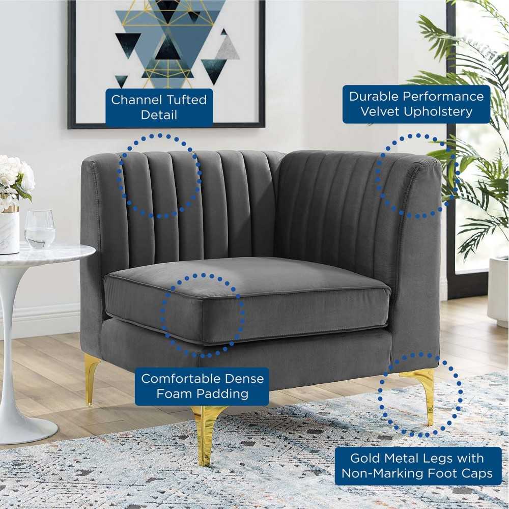 Triumph Channel Tufted Performance Velvet Sectional Sofa Corner Chair, Gray