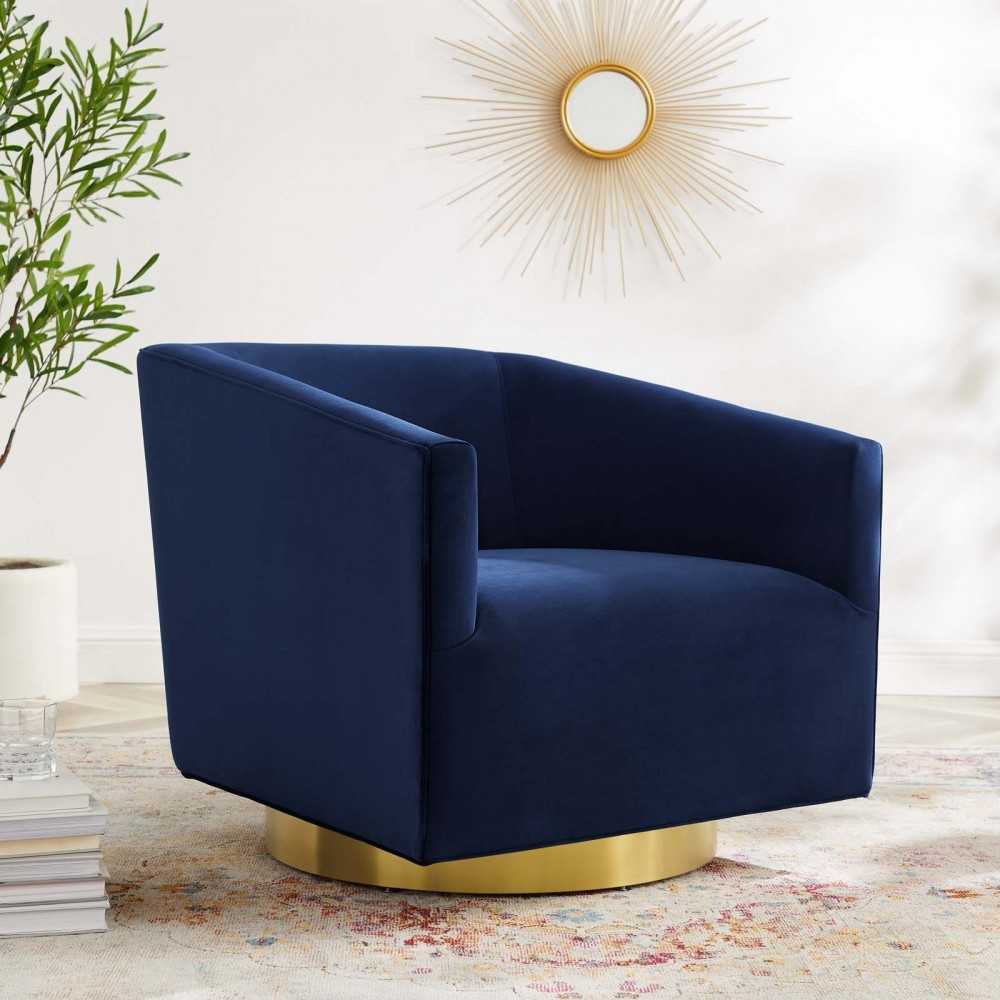 Twist Accent Lounge Performance Velvet Swivel Chair, Gold Midnight Blue